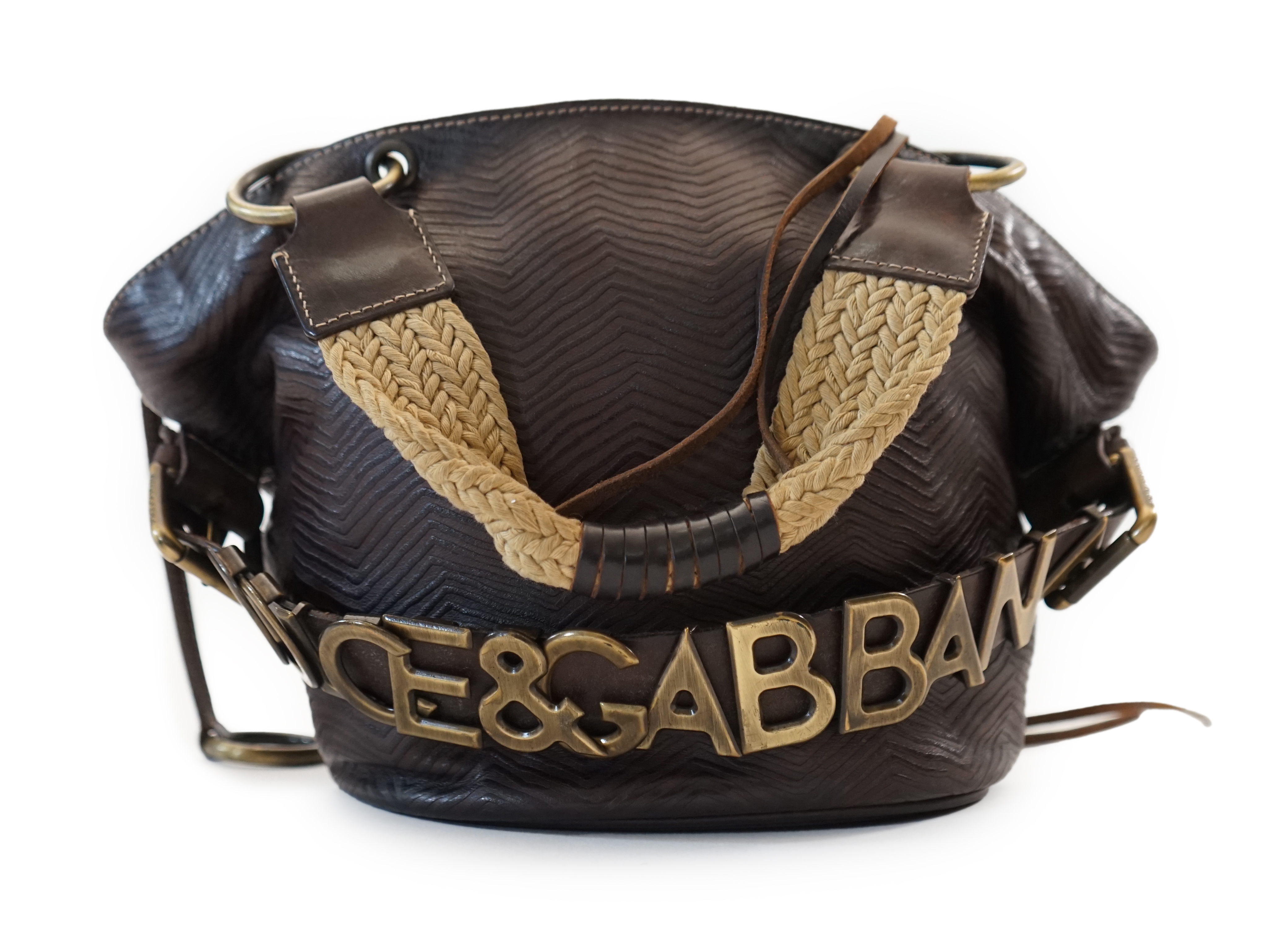 A Dolce & Gabbana brown and black leather bucket bag, width (max) 34cm, depth 14cm, height 20cm